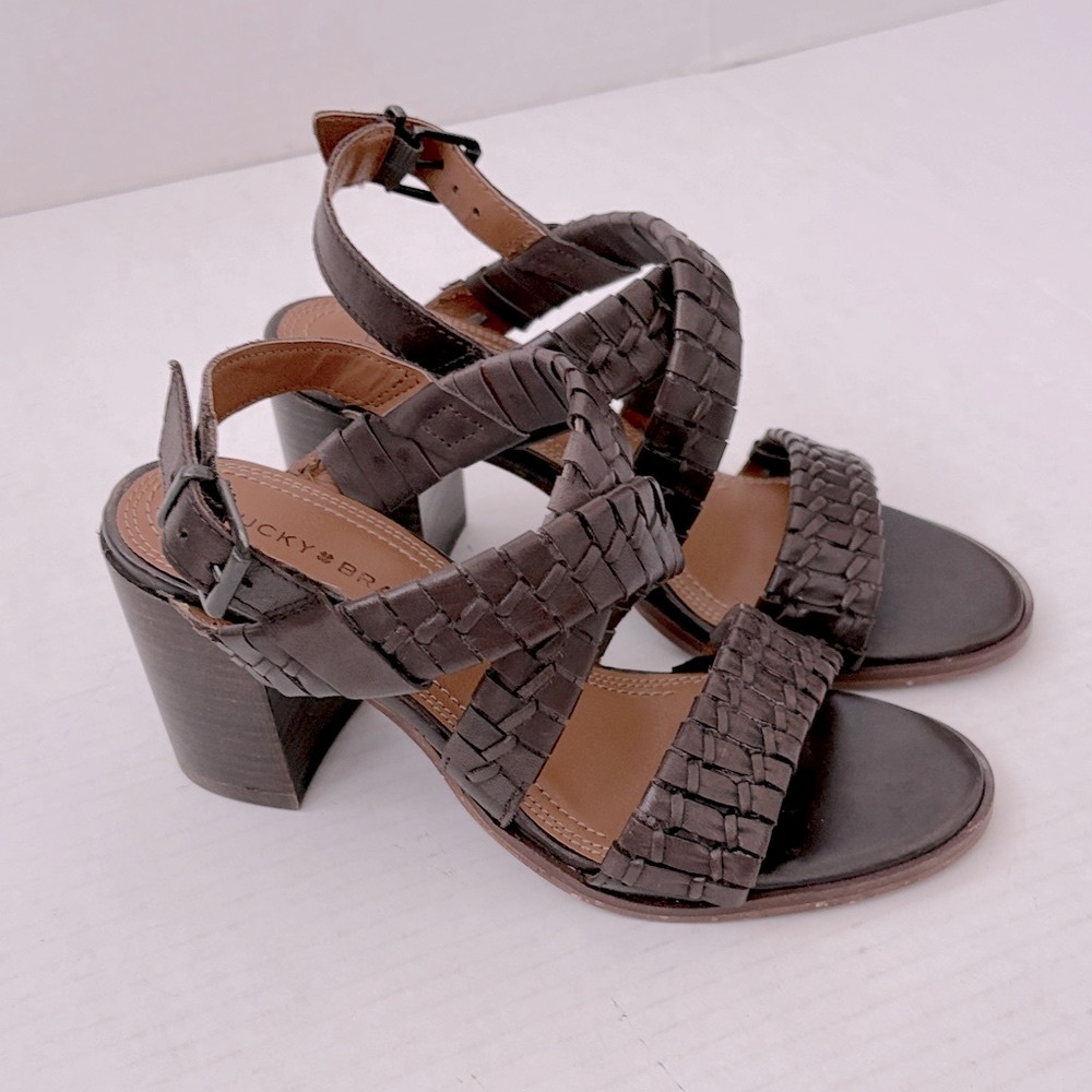 Lucky Brand Dabene Leather Sandals Brown Stacked Wood Heels 7